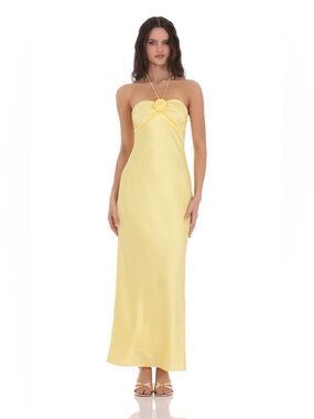 Lucy in the sky Satin Halter Flower Maxi Dress in Yellow